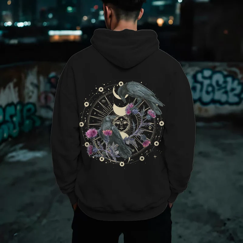 Olivenorma Mystical Moon Phase Raven Floral Fleece Kapuzenpullover Tops Lose Hoodies