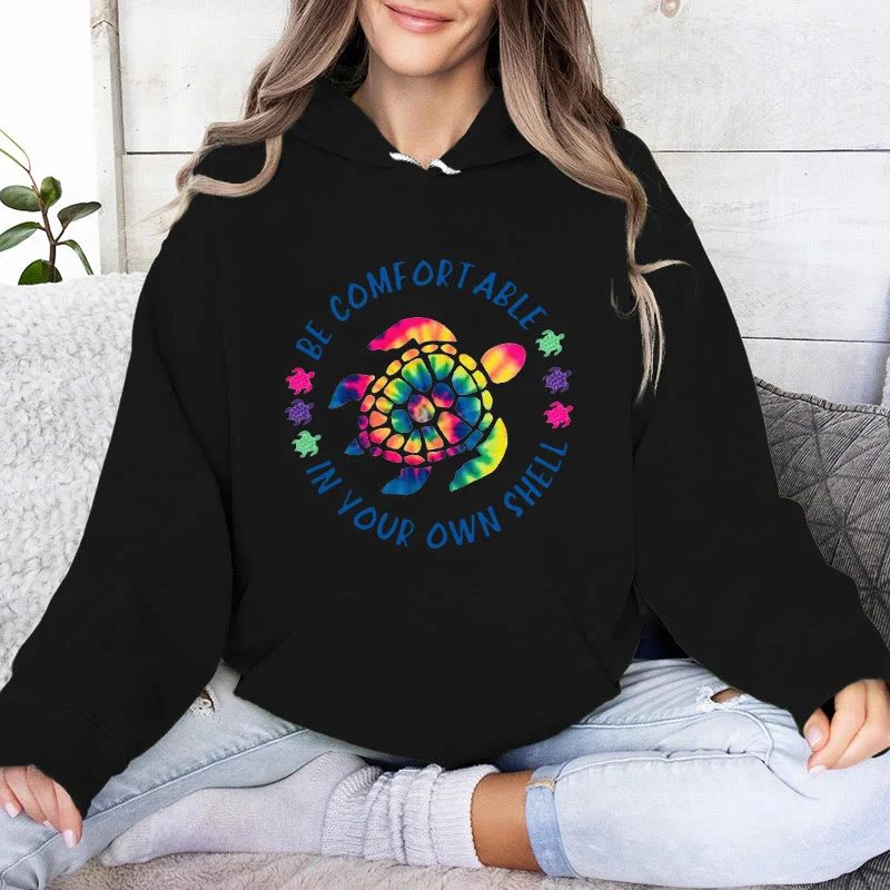 Olivenorma "Fühlen Sie sich wohl in Ihrer Muschel" Spirituelle Kapuzenpullover mit Meeresschildkröte, Fleece-Kapuzenpullover
