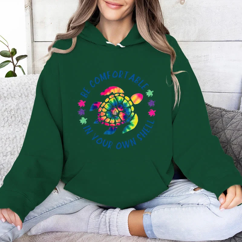 Olivenorma "Fühlen Sie sich wohl in Ihrer Muschel" Spirituelle Kapuzenpullover mit Meeresschildkröte, Fleece-Kapuzenpullover