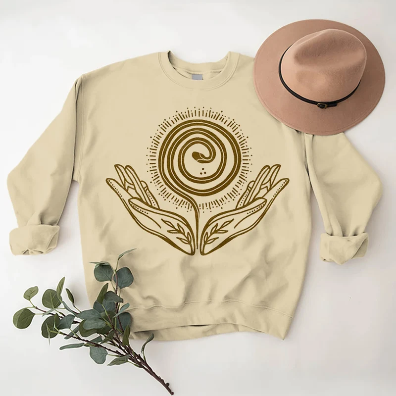 Olivenorma Spiritual Growth Spiral Tee Rundhalsausschnitt Langarm Loses Sweatshirt