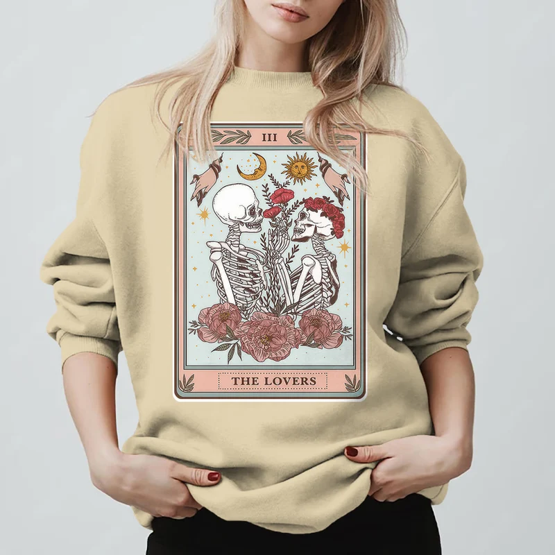 Olivenorma THE LOVER Totenkopf Tarotkarte Locker geschnittenes Fleece-Pullover-Sweatshirt mit Rundhalsausschnitt