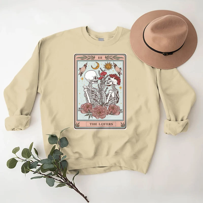 Olivenorma THE LOVER Totenkopf Tarotkarte Locker geschnittenes Fleece-Pullover-Sweatshirt mit Rundhalsausschnitt