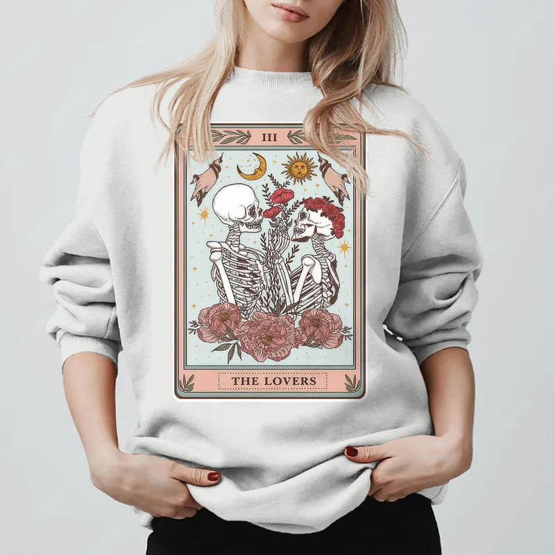 Olivenorma THE LOVER Totenkopf Tarotkarte Locker geschnittenes Fleece-Pullover-Sweatshirt mit Rundhalsausschnitt