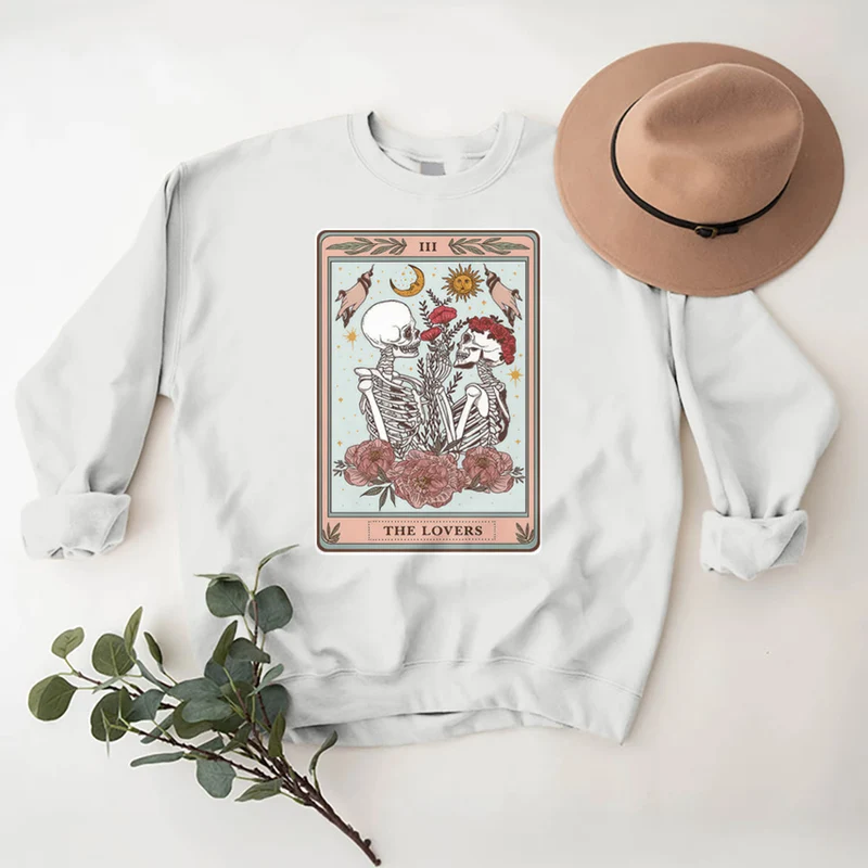 Olivenorma THE LOVER Totenkopf Tarotkarte Locker geschnittenes Fleece-Pullover-Sweatshirt mit Rundhalsausschnitt