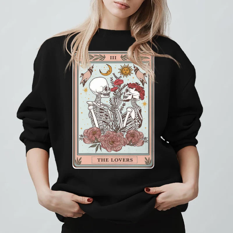 Olivenorma THE LOVER Totenkopf Tarotkarte Locker geschnittenes Fleece-Pullover-Sweatshirt mit Rundhalsausschnitt