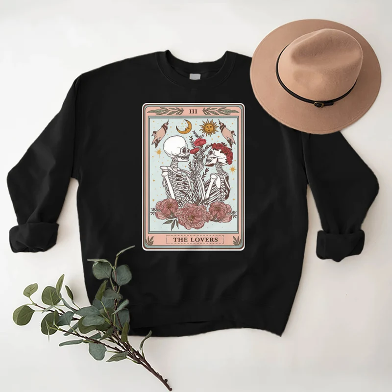 Olivenorma THE LOVER Totenkopf Tarotkarte Locker geschnittenes Fleece-Pullover-Sweatshirt mit Rundhalsausschnitt