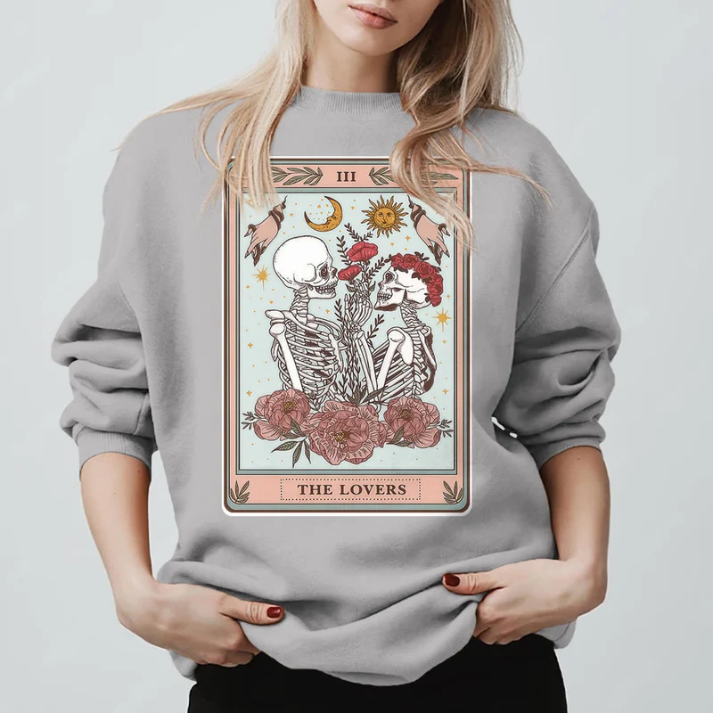 Olivenorma THE LOVER Totenkopf Tarotkarte Locker geschnittenes Fleece-Pullover-Sweatshirt mit Rundhalsausschnitt