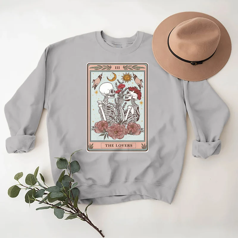 Olivenorma THE LOVER Totenkopf Tarotkarte Locker geschnittenes Fleece-Pullover-Sweatshirt mit Rundhalsausschnitt