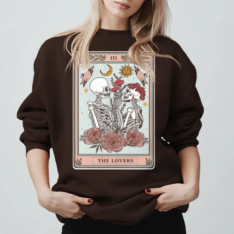 Olivenorma THE LOVER Totenkopf Tarotkarte Locker geschnittenes Fleece-Pullover-Sweatshirt mit Rundhalsausschnitt
