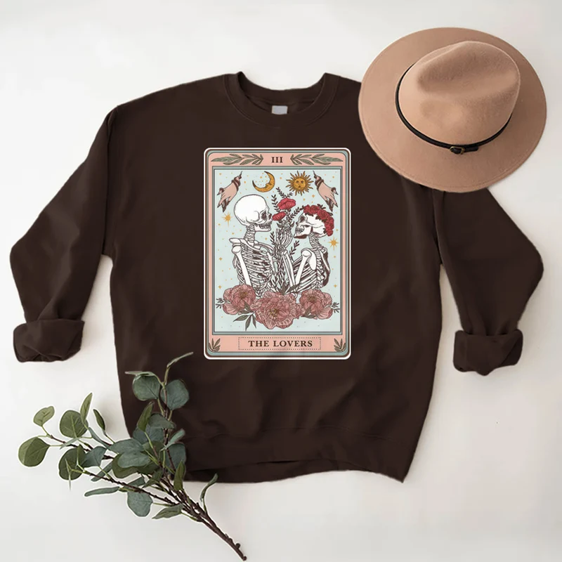 Olivenorma THE LOVER Totenkopf Tarotkarte Locker geschnittenes Fleece-Pullover-Sweatshirt mit Rundhalsausschnitt