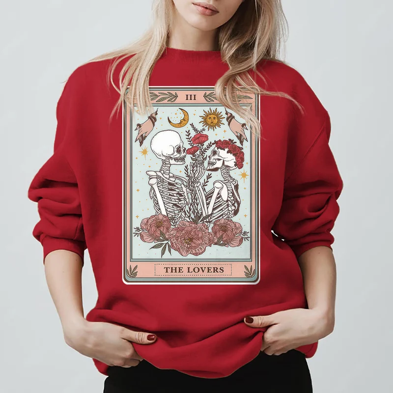 Olivenorma THE LOVER Totenkopf Tarotkarte Locker geschnittenes Fleece-Pullover-Sweatshirt mit Rundhalsausschnitt