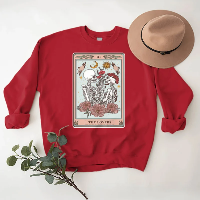 Olivenorma THE LOVER Totenkopf Tarotkarte Locker geschnittenes Fleece-Pullover-Sweatshirt mit Rundhalsausschnitt