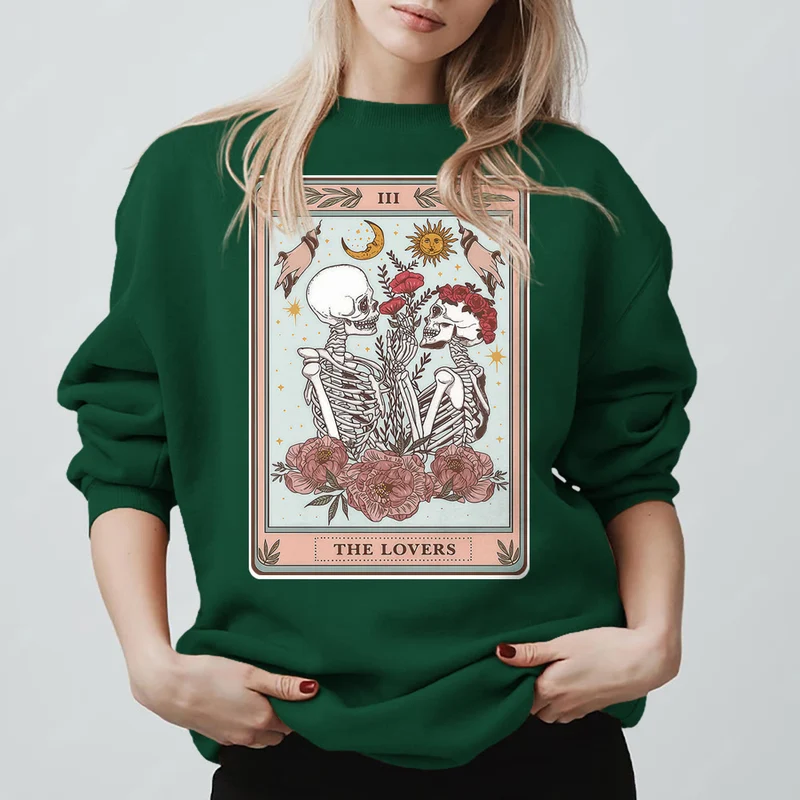 Olivenorma THE LOVER Totenkopf Tarotkarte Locker geschnittenes Fleece-Pullover-Sweatshirt mit Rundhalsausschnitt