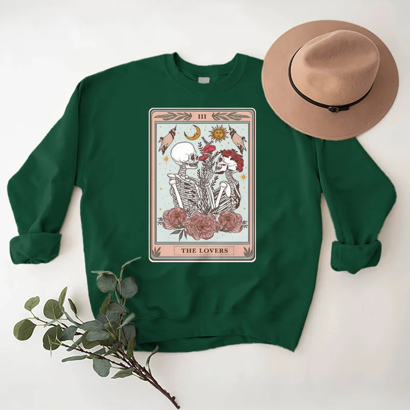 Olivenorma THE LOVER Totenkopf Tarotkarte Locker geschnittenes Fleece-Pullover-Sweatshirt mit Rundhalsausschnitt