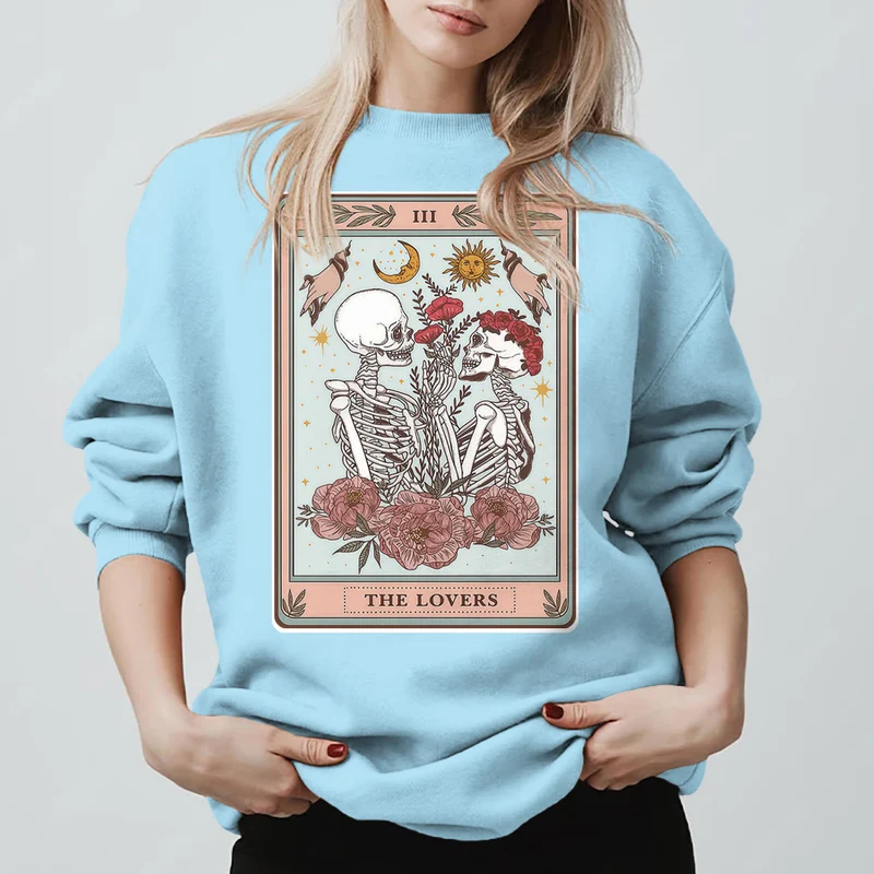 Olivenorma THE LOVER Totenkopf Tarotkarte Locker geschnittenes Fleece-Pullover-Sweatshirt mit Rundhalsausschnitt