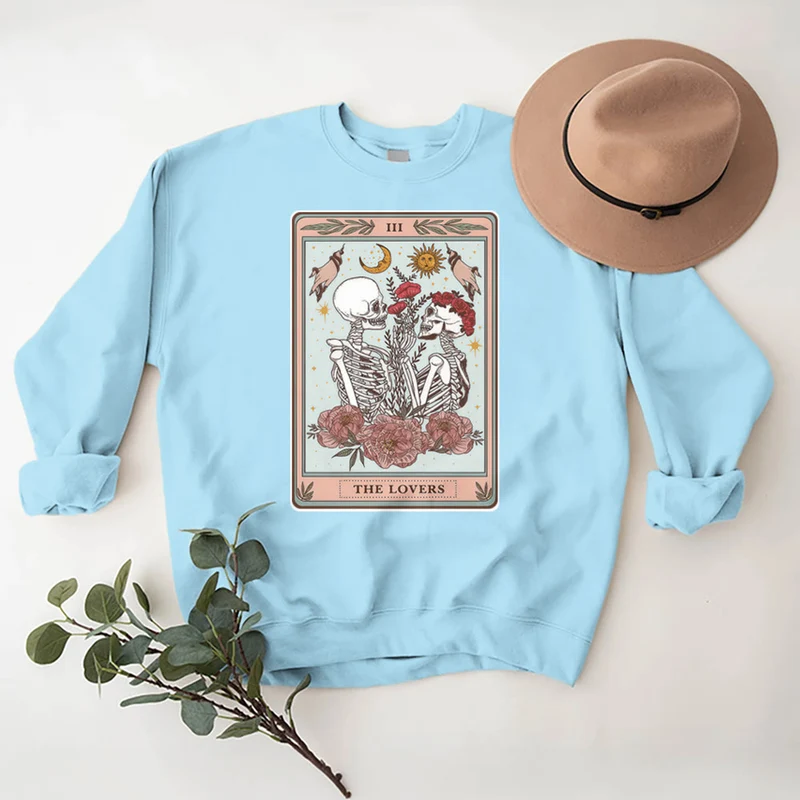 Olivenorma THE LOVER Totenkopf Tarotkarte Locker geschnittenes Fleece-Pullover-Sweatshirt mit Rundhalsausschnitt