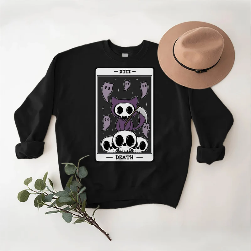 Olivenorma DEATH Skelett Geister Tarot Karte Langarm T-Shirt Fleece Sweatshirt