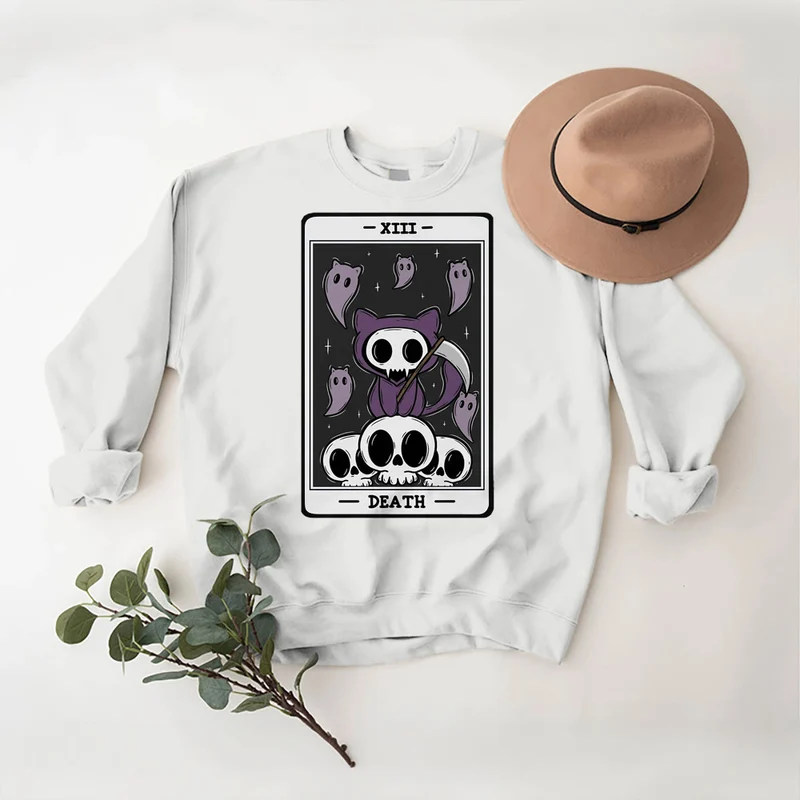 Olivenorma DEATH Skelett Geister Tarot Karte Langarm T-Shirt Fleece Sweatshirt