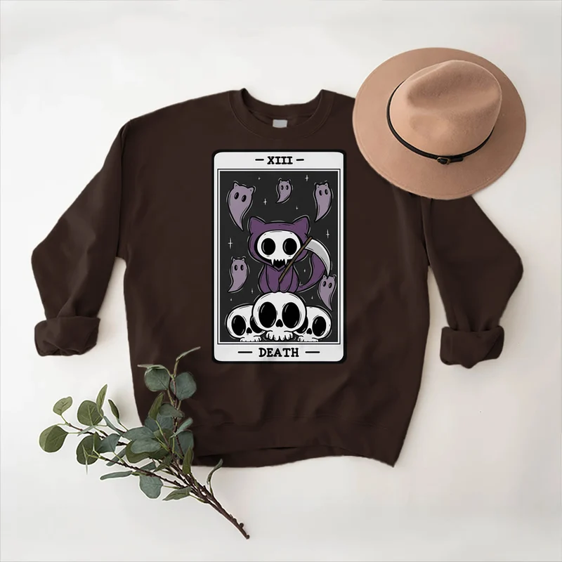 Olivenorma DEATH Skelett Geister Tarot Karte Langarm T-Shirt Fleece Sweatshirt