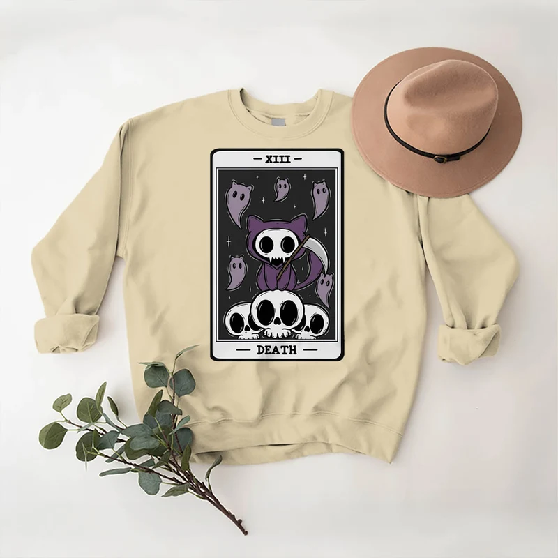Olivenorma DEATH Skelett Geister Tarot Karte Langarm T-Shirt Fleece Sweatshirt