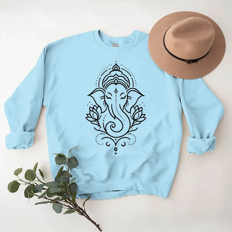 Olivenorma Peaceful Elephant Ganesha Lotus Meditation Fleece Tee Inspiritual Pullover Sweatshirt