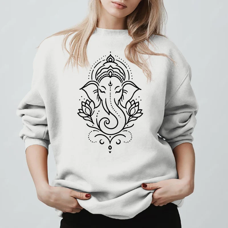 Olivenorma Peaceful Elephant Ganesha Lotus Meditation Fleece Tee Inspiritual Pullover Sweatshirt