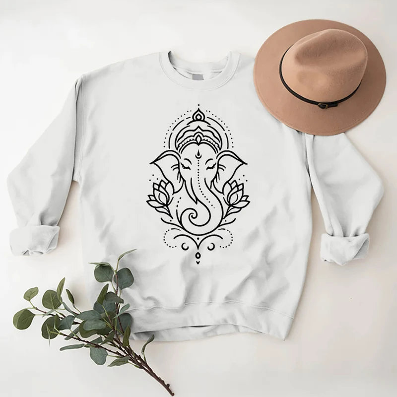 Olivenorma Peaceful Elephant Ganesha Lotus Meditation Fleece Tee Inspiritual Pullover Sweatshirt