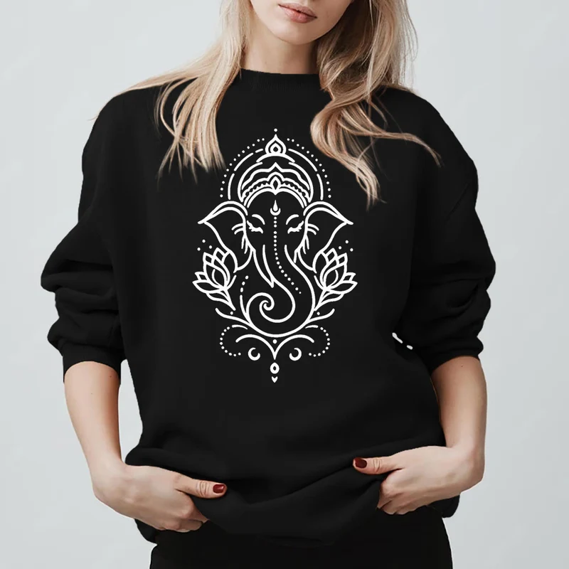 Olivenorma Peaceful Elephant Ganesha Lotus Meditation Fleece Tee Inspiritual Pullover Sweatshirt
