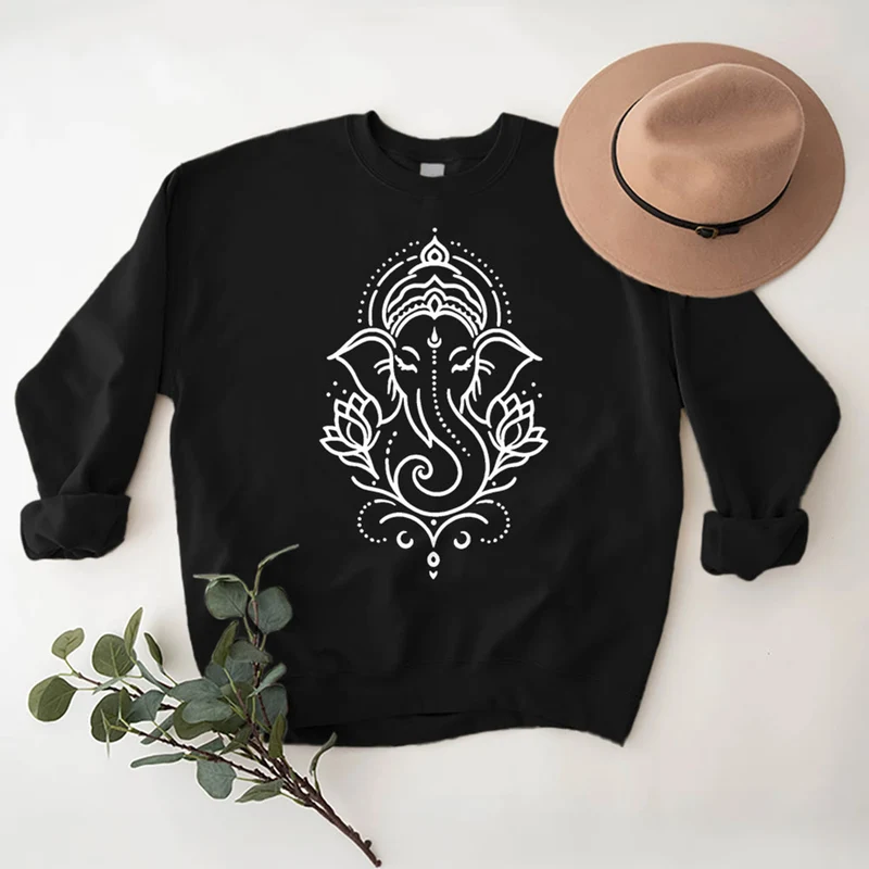Olivenorma Peaceful Elephant Ganesha Lotus Meditation Fleece Tee Inspiritual Pullover Sweatshirt