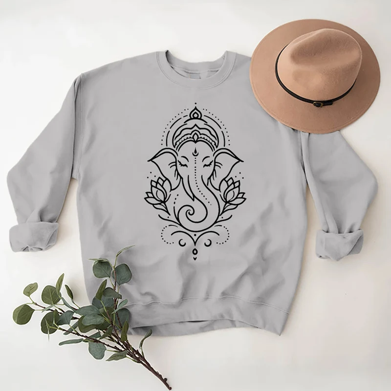 Olivenorma Peaceful Elephant Ganesha Lotus Meditation Fleece Tee Inspiritual Pullover Sweatshirt