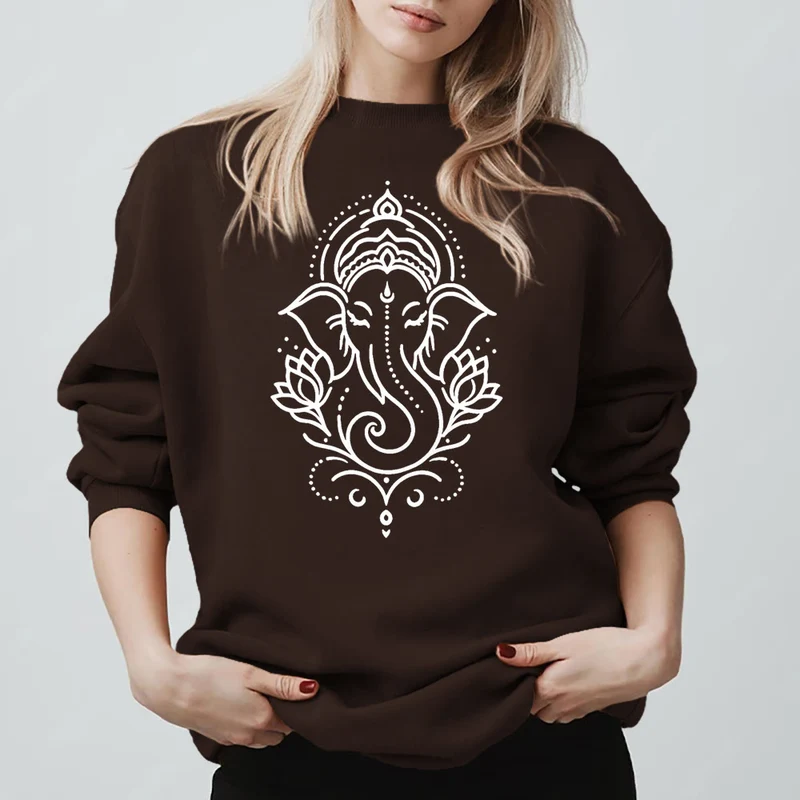Olivenorma Peaceful Elephant Ganesha Lotus Meditation Fleece Tee Inspiritual Pullover Sweatshirt