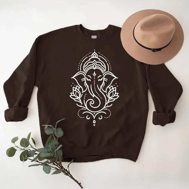 Olivenorma Peaceful Elephant Ganesha Lotus Meditation Fleece Tee Inspiritual Pullover Sweatshirt