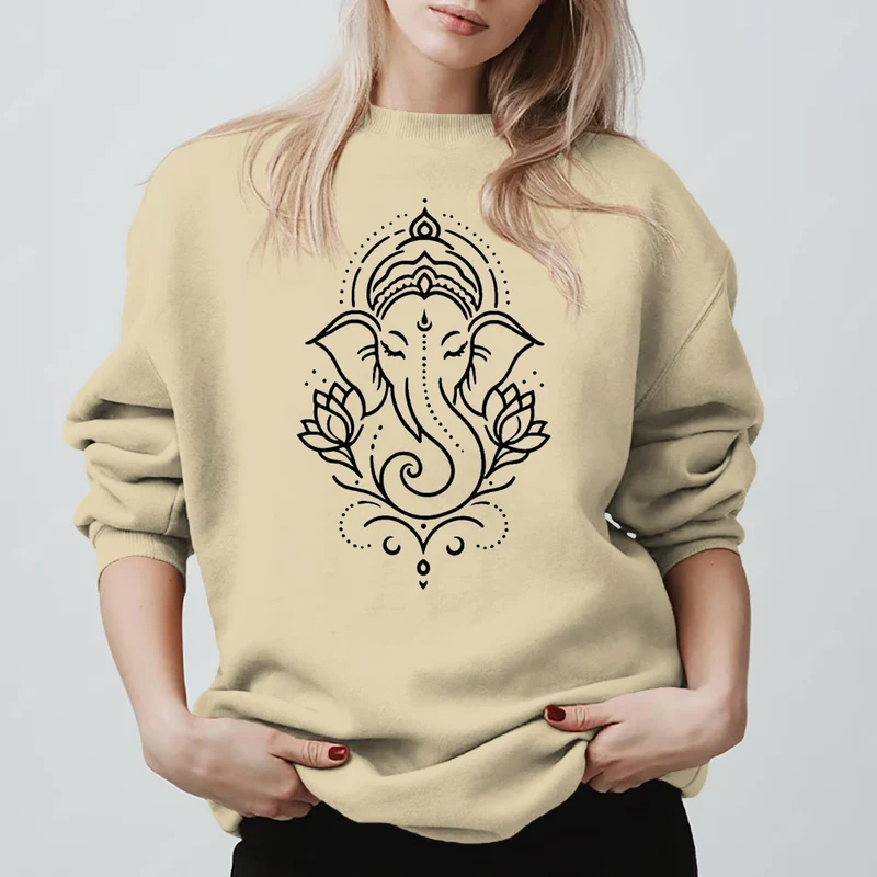 Olivenorma Peaceful Elephant Ganesha Lotus Meditation Fleece Tee Inspiritual Pullover Sweatshirt