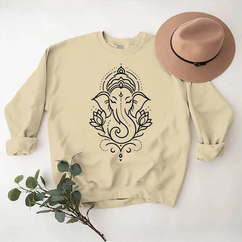 Olivenorma Peaceful Elephant Ganesha Lotus Meditation Fleece Tee Inspiritual Pullover Sweatshirt