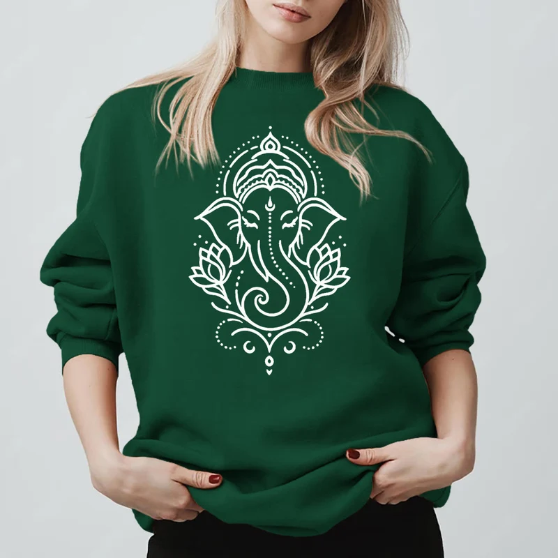 Olivenorma Peaceful Elephant Ganesha Lotus Meditation Fleece Tee Inspiritual Pullover Sweatshirt