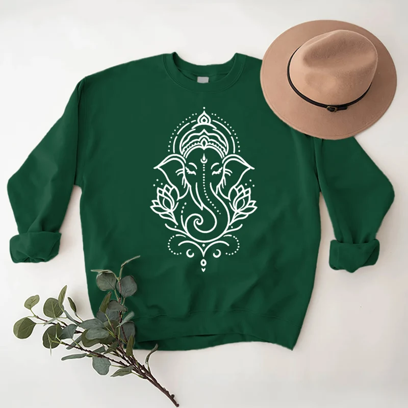 Olivenorma Peaceful Elephant Ganesha Lotus Meditation Fleece Tee Inspiritual Pullover Sweatshirt