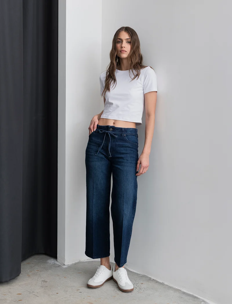 JEANS STRAIGHT CROP CON CINTURA IN TESSUTO - Denim