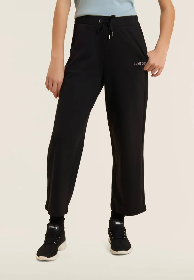 Cropped comfort wide leg athletic trousers - Black