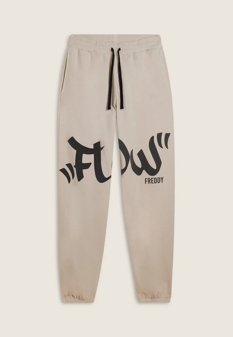 Flow print fleece trousers with gathered bottoms
