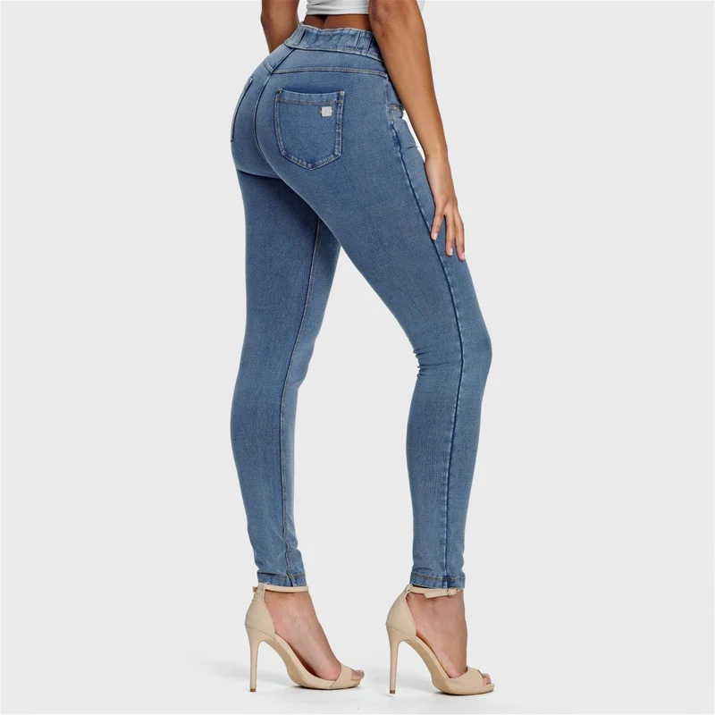 N.O.W. Comfort Mid Waist Skinny Denim Jeans - Denim Light Blue - Yellow Seam