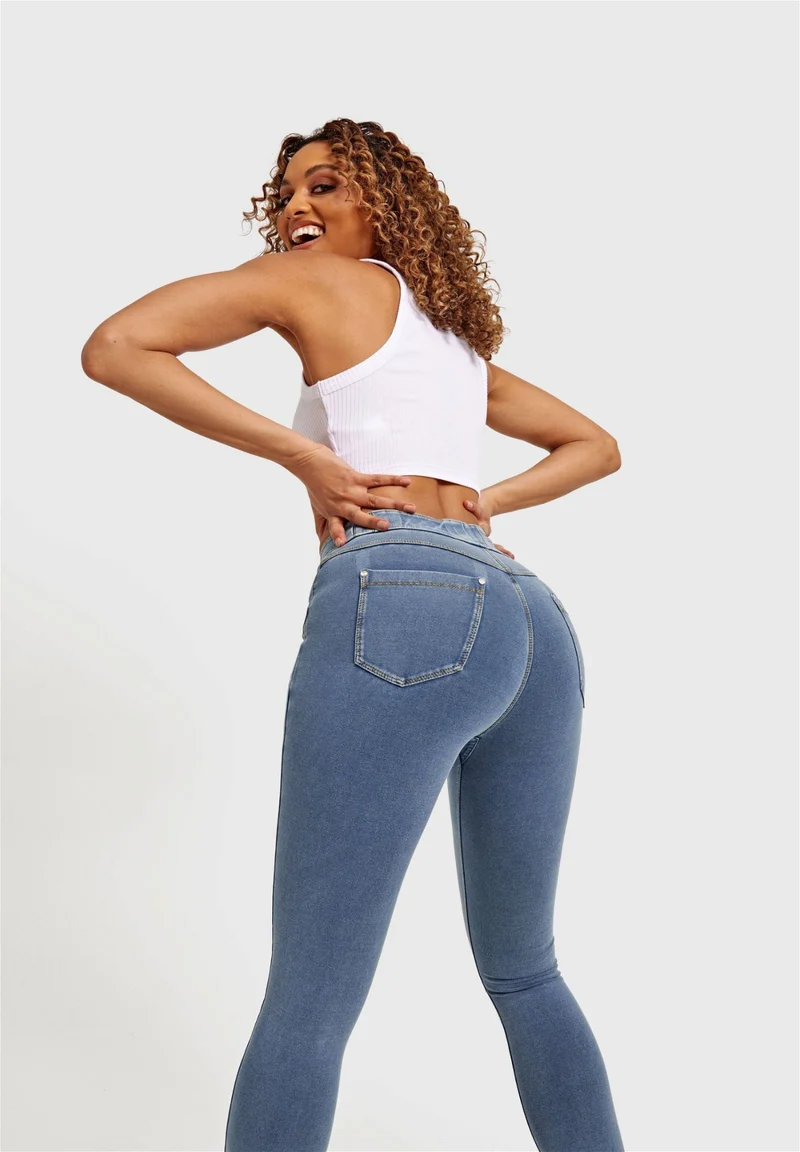 N.O.W. Comfort Mid Waist Skinny Denim Jeans - Denim Light Blue - Yellow Seam