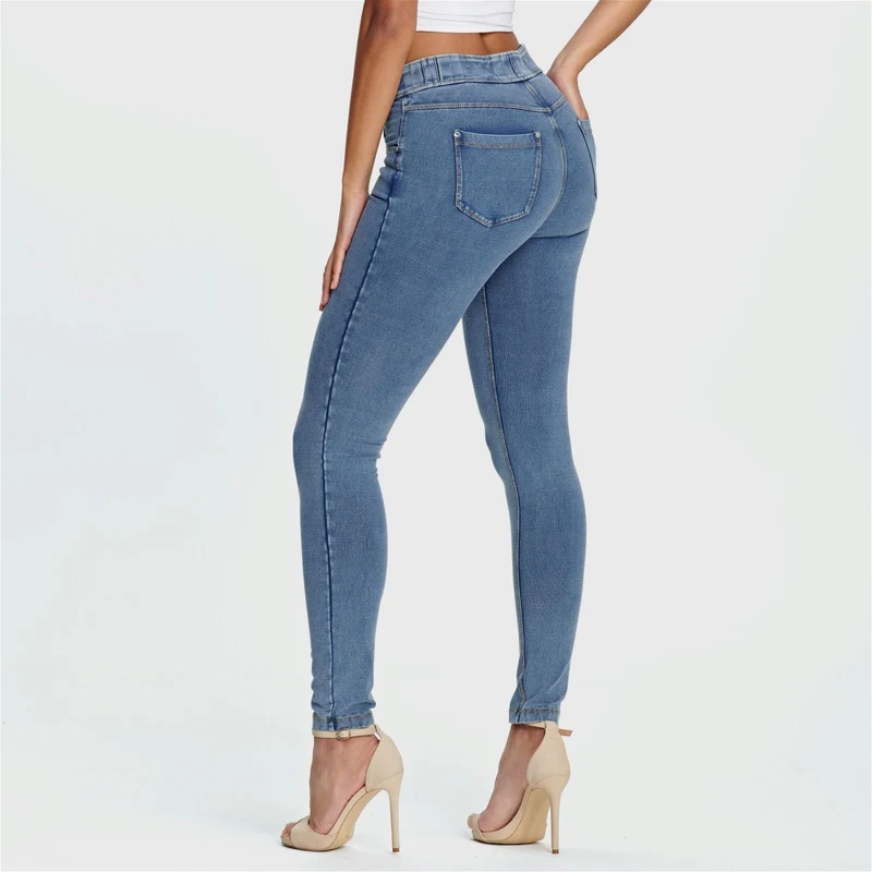 N.O.W. Comfort Mid Waist Skinny Denim Jeans - Denim Light Blue - Yellow Seam