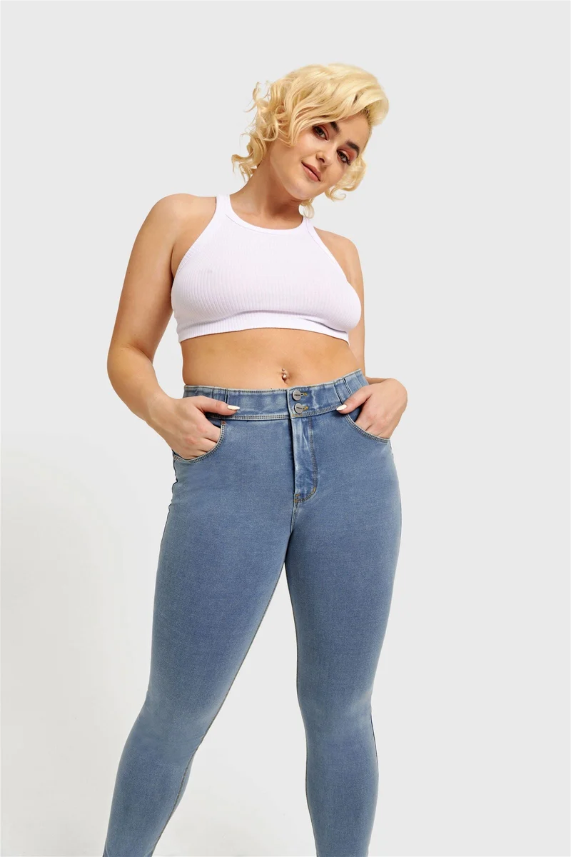 N.O.W. Comfort Mid Waist Skinny Denim Jeans - Denim Light Blue - Yellow Seam