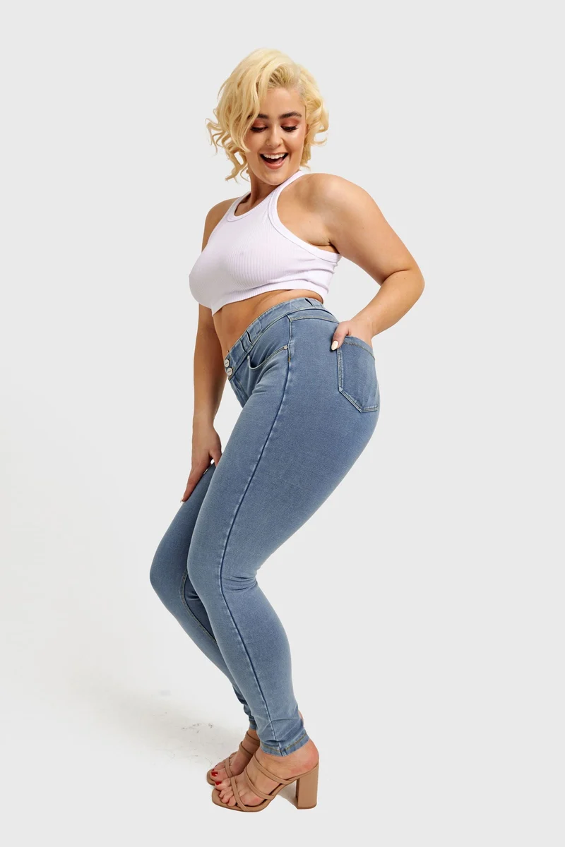 N.O.W. Comfort Mid Waist Skinny Denim Jeans - Denim Light Blue - Yellow Seam