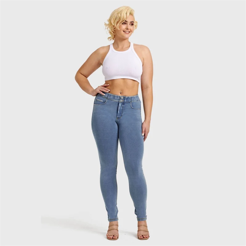N.O.W. Comfort Mid Waist Skinny Denim Jeans - Denim Light Blue - Yellow Seam