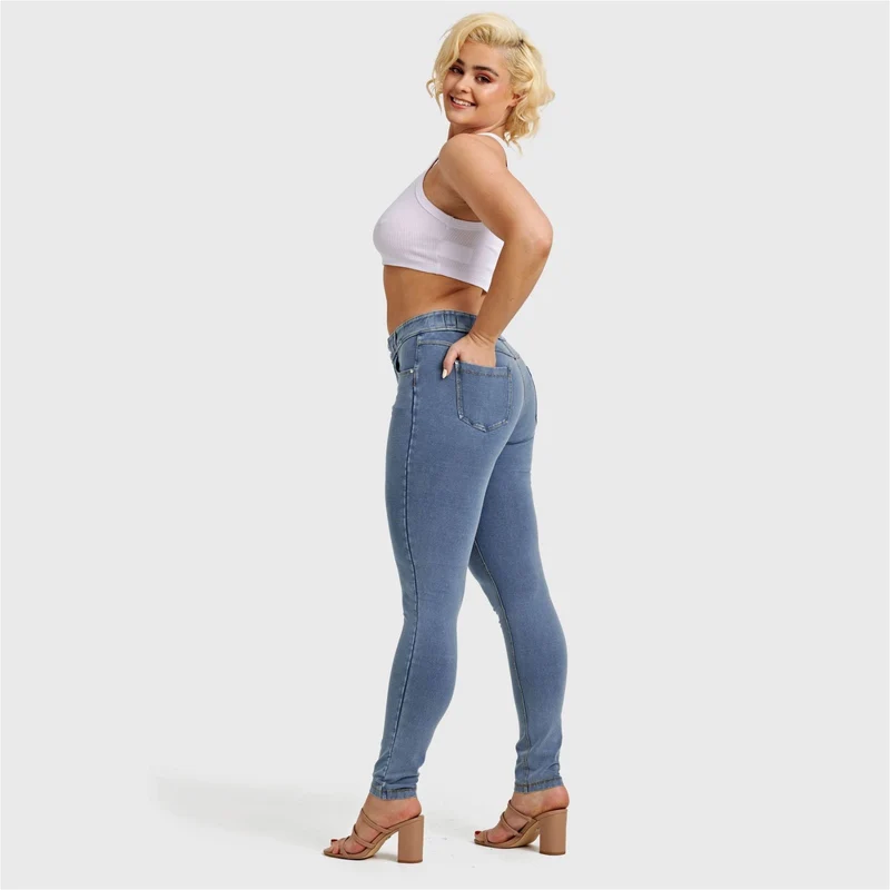N.O.W. Comfort Mid Waist Skinny Denim Jeans - Denim Light Blue - Yellow Seam