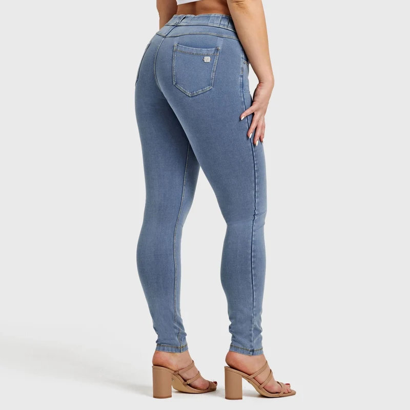 N.O.W. Comfort Mid Waist Skinny Denim Jeans - Denim Light Blue - Yellow Seam