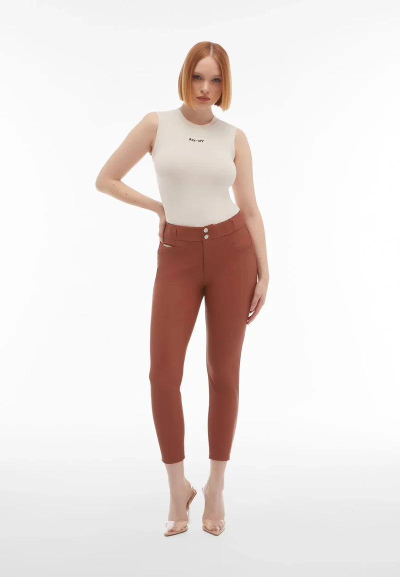 N.O.W. Comfort Mid Waist Skinny 7/8 Vegan Leather Pant - Rustic Brown