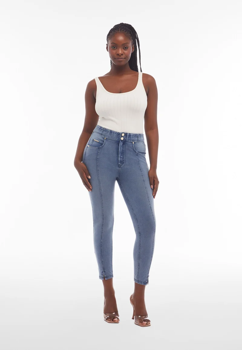 N.O.W. Comfort High Waist Skinny 7/8 Denim Jeans With Front Seam and Split Detail - Denim Light Blue - Blue Seam