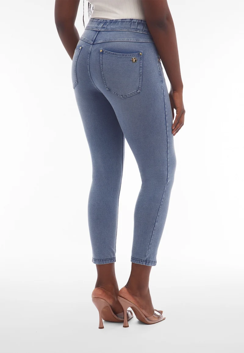 N.O.W. Comfort High Waist Skinny 7/8 Denim Jeans With Front Seam and Split Detail - Denim Light Blue - Blue Seam